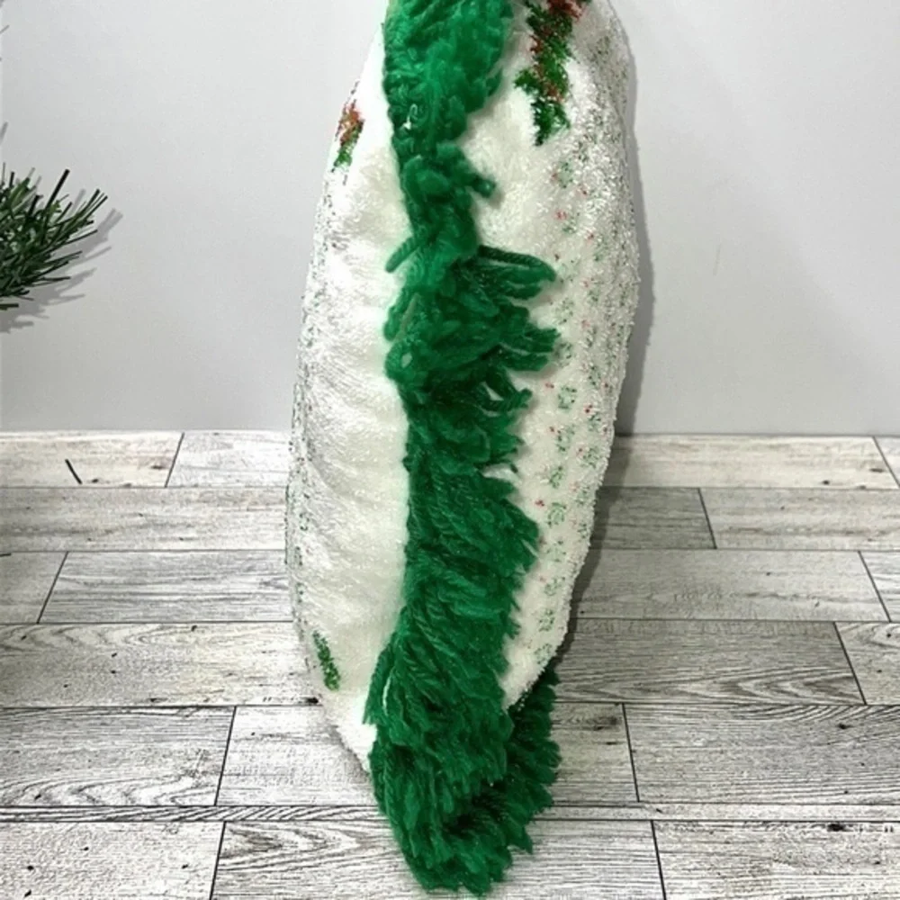 Vintage Terry Cloth Christmas Tree Throw Pillow with Fringe